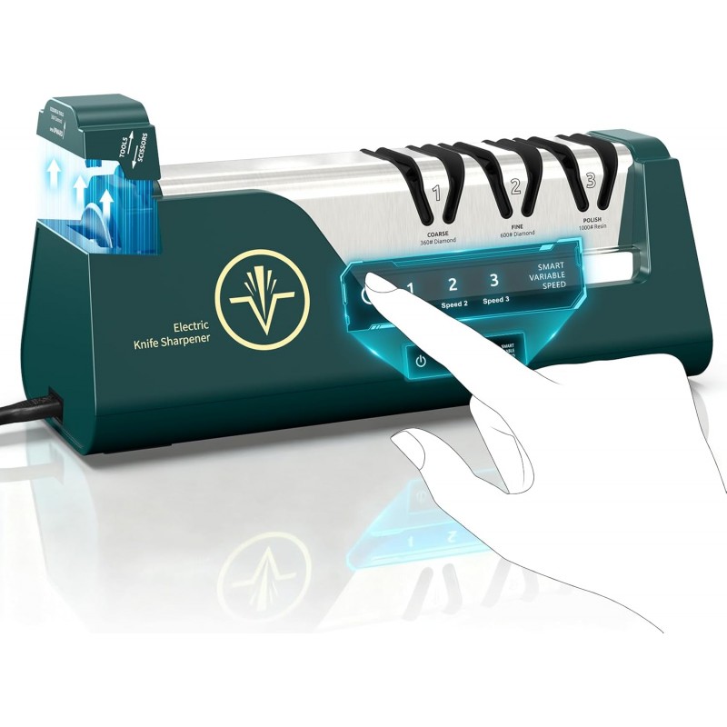 Professional Electric Knife Sharpener with 100% Diamond Abrasives & Precision Angle Guides, 3-Speed Variable 4-Stage Open Touch-Screen Knife Sharpener for Straight, Serrated Edges, Scissors & Axes