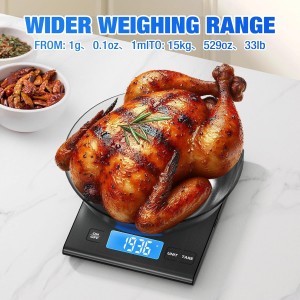 Rechargeable 304 Stainless Steel Kitchen Scale, Diyife 33lb Digital Food Scale with LCD Display, Batteries and Type-C Charging, for Meal Prep, Cooking, Baking (Black)