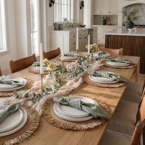 Decorative Boho Table Placemats Set of 6 with Matching Linen-Textured Napkins - Beautiful Natural Decor Elevates Your Dining Room or Kitchen Setting - Easy to Style & Mix with Linen Inspired Material