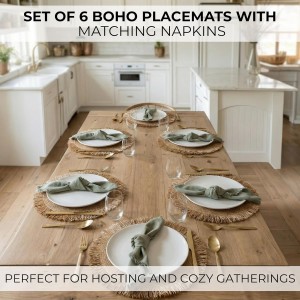 Decorative Boho Table Placemats Set of 6 with Matching Linen-Textured Napkins - Beautiful Natural Decor Elevates Your Dining Room or Kitchen Setting - Easy to Style & Mix with Linen Inspired Material