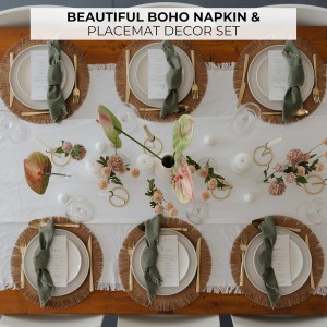 Decorative Boho Table Placemats Set of 6 with Matching Linen-Textured Napkins - Beautiful Natural Decor Elevates Your Dining Room or Kitchen Setting - Easy to Style & Mix with Linen Inspired Material