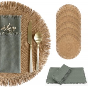 Decorative Boho Table Placemats Set of 6 with Matching Linen-Textured Napkins - Beautiful Natural Decor Elevates Your Dining Room or Kitchen Setting - Easy to Style & Mix with Linen Inspired Material