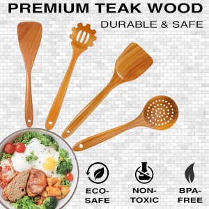 Extra-Large 4-Piece Teak Wooden Utensil Set – Non-Stick Wooden Spatula for Cooking, Skimmer Spoon & Spaghetti Spoon – Non Toxic Cooking Utensils