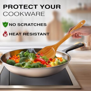 Extra-Large 4-Piece Teak Wooden Utensil Set – Non-Stick Wooden Spatula for Cooking, Skimmer Spoon & Spaghetti Spoon – Non Toxic Cooking Utensils