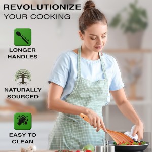 Extra-Large 4-Piece Teak Wooden Utensil Set – Non-Stick Wooden Spatula for Cooking, Skimmer Spoon & Spaghetti Spoon – Non Toxic Cooking Utensils