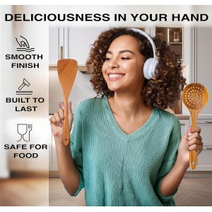 Extra-Large 4-Piece Teak Wooden Utensil Set – Non-Stick Wooden Spatula for Cooking, Skimmer Spoon & Spaghetti Spoon – Non Toxic Cooking Utensils