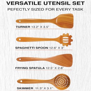 Extra-Large 4-Piece Teak Wooden Utensil Set – Non-Stick Wooden Spatula for Cooking, Skimmer Spoon & Spaghetti Spoon – Non Toxic Cooking Utensils