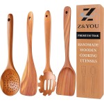 Extra-Large 4-Piece Teak Wooden Utensil Set – Non-Stick Wooden Spatula for Cooking, Skimmer Spoon & Spaghetti Spoon – Non Toxic Cooking Utensils