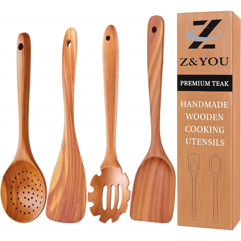 Extra-Large 4-Piece Teak Wooden Utensil Set – Non-Stick Wooden Spatula for Cooking, Skimmer Spoon & Spaghetti Spoon – Non Toxic Cooking Utensils