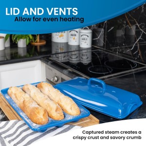 Demi Baguette Pan with Lid for French Bread – 3 Slot Blue Bread Baker Tray – Ceramic Baguette Mold for Sub Rolls, Hoagie, Italian Loaf – Easy-Lift Handle & Vented Crisp Crust Baking