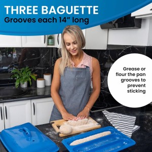 Demi Baguette Pan with Lid for French Bread – 3 Slot Blue Bread Baker Tray – Ceramic Baguette Mold for Sub Rolls, Hoagie, Italian Loaf – Easy-Lift Handle & Vented Crisp Crust Baking