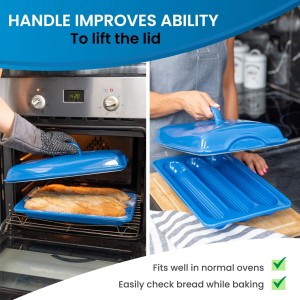 Demi Baguette Pan with Lid for French Bread – 3 Slot Blue Bread Baker Tray – Ceramic Baguette Mold for Sub Rolls, Hoagie, Italian Loaf – Easy-Lift Handle & Vented Crisp Crust Baking