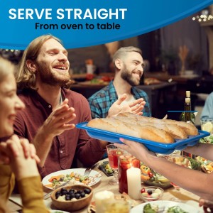 Demi Baguette Pan with Lid for French Bread – 3 Slot Blue Bread Baker Tray – Ceramic Baguette Mold for Sub Rolls, Hoagie, Italian Loaf – Easy-Lift Handle & Vented Crisp Crust Baking