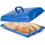 Demi Baguette Pan with Lid for French Bread – 3 Slot Blue Bread Baker Tray – Ceramic Baguette Mold for Sub Rolls, Hoagie, Italian Loaf – Easy-Lift Handle & Vented Crisp Crust Baking