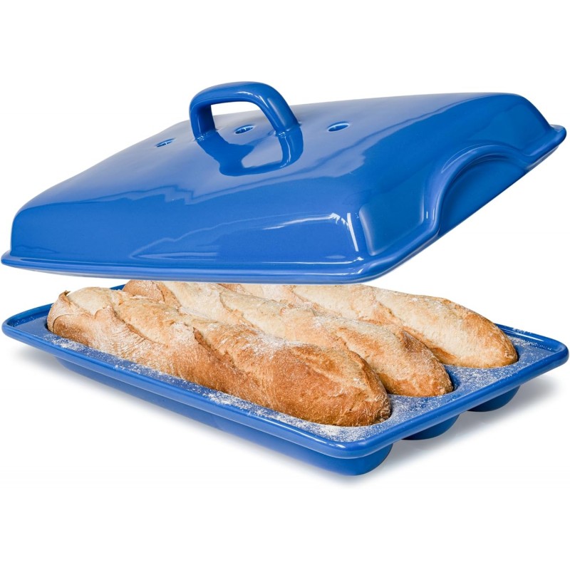 Demi Baguette Pan with Lid for French Bread – 3 Slot Blue Bread Baker Tray – Ceramic Baguette Mold for Sub Rolls, Hoagie, Italian Loaf – Easy-Lift Handle & Vented Crisp Crust Baking