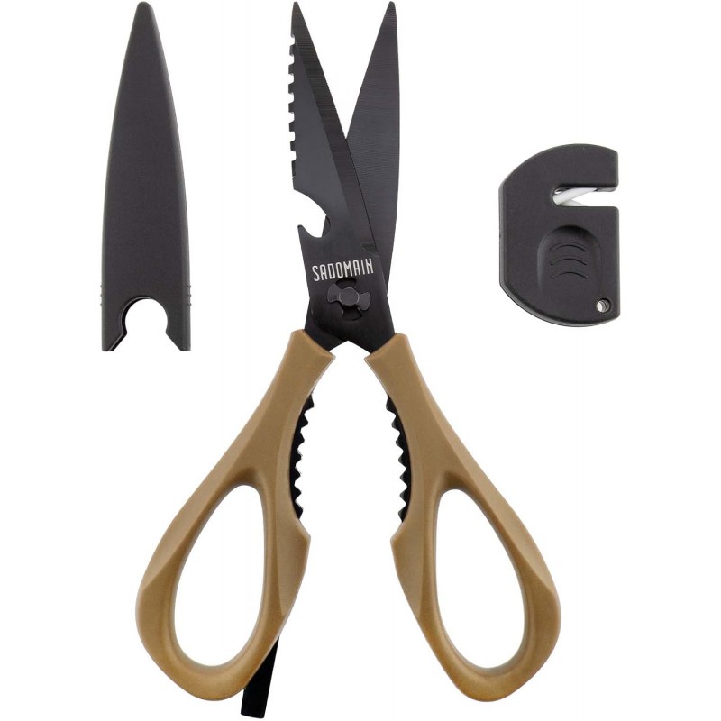 Kitchen Scissors All Purpose, Extra Sharp Kitchen Shears with Knife Sharpener & Sheath, Solid & Durable Stainless Steel Scissors with ANTI-RUST Black Titanium Plated, Dishwasher Safe - Brown