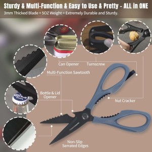 Kitchen Scissors All Purpose, Extra Sharp Kitchen Shears with Knife Sharpener & Sheath, Solid & Durable Stainless Steel Scissors with ANTI-RUST Black Titanium Plated, Dishwasher Safe - Blue