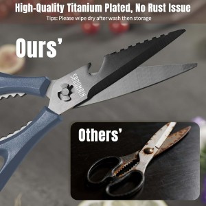 Kitchen Scissors All Purpose, Extra Sharp Kitchen Shears with Knife Sharpener & Sheath, Solid & Durable Stainless Steel Scissors with ANTI-RUST Black Titanium Plated, Dishwasher Safe - Blue