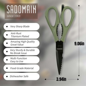 Kitchen Scissors All Purpose, Extra Sharp Kitchen Shears with Knife Sharpener & Sheath, Solid & Durable Stainless Steel Scissors with ANTI-RUST Black Titanium Plated, Dishwasher Safe - Green