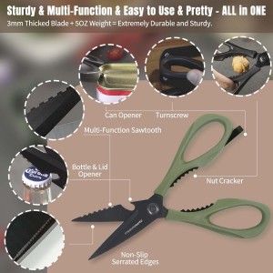 Kitchen Scissors All Purpose, Extra Sharp Kitchen Shears with Knife Sharpener & Sheath, Solid & Durable Stainless Steel Scissors with ANTI-RUST Black Titanium Plated, Dishwasher Safe - Green