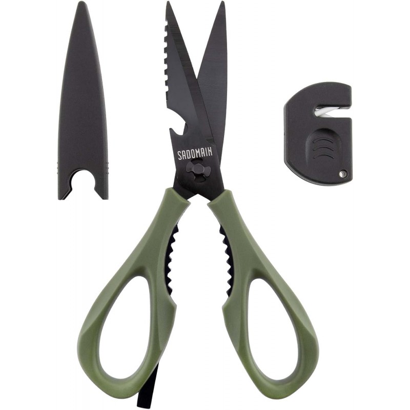 Kitchen Scissors All Purpose, Extra Sharp Kitchen Shears with Knife Sharpener & Sheath, Solid & Durable Stainless Steel Scissors with ANTI-RUST Black Titanium Plated, Dishwasher Safe - Green