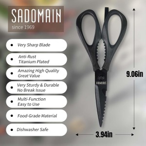 Kitchen Scissors All Purpose, Extra Sharp Kitchen Shears with Knife Sharpener & Sheath, Solid & Durable Stainless Steel Scissors with ANTI-RUST Black Titanium Plated, Dishwasher Safe - Black