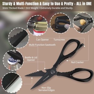 Kitchen Scissors All Purpose, Extra Sharp Kitchen Shears with Knife Sharpener & Sheath, Solid & Durable Stainless Steel Scissors with ANTI-RUST Black Titanium Plated, Dishwasher Safe - Black