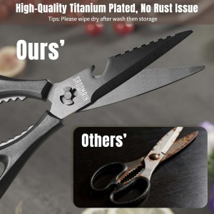 Kitchen Scissors All Purpose, Extra Sharp Kitchen Shears with Knife Sharpener & Sheath, Solid & Durable Stainless Steel Scissors with ANTI-RUST Black Titanium Plated, Dishwasher Safe - Black