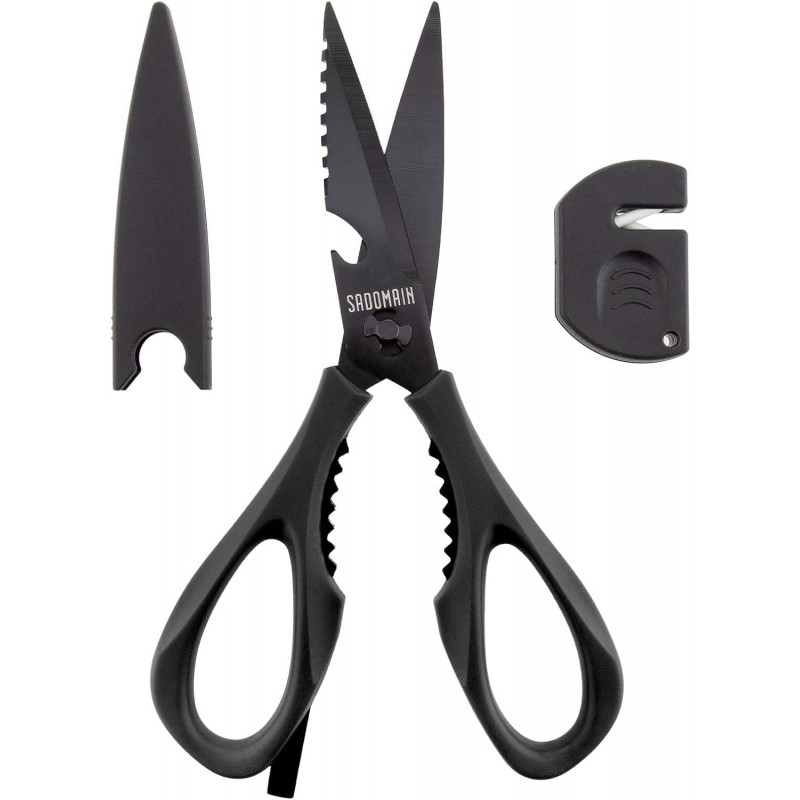 Kitchen Scissors All Purpose, Extra Sharp Kitchen Shears with Knife Sharpener & Sheath, Solid & Durable Stainless Steel Scissors with ANTI-RUST Black Titanium Plated, Dishwasher Safe - Black