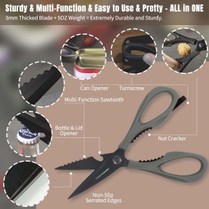 Kitchen Scissors All Purpose, Extra Sharp Kitchen Shears with Knife Sharpener & Sheath, Solid & Durable Stainless Steel Scissors with ANTI-RUST Black Titanium Plated, Dishwasher Safe - Grey