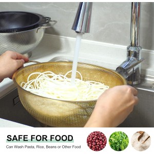 3PCS Three Colors Mix Colander Set, 3QT Black & 4QT Silver & 5QT Gold, Stainless Steel Pasta Strainer with Handle for Prepping Washing Draining Storing Food, Dishwasher Safe