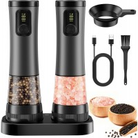 Electric Salt and Pepper Grinder Set - Rechargeable Salt Grinder with Led Power Display - Automatic Pepper Grinder with Storage Base - Pepper Mill with Light for Kitchen