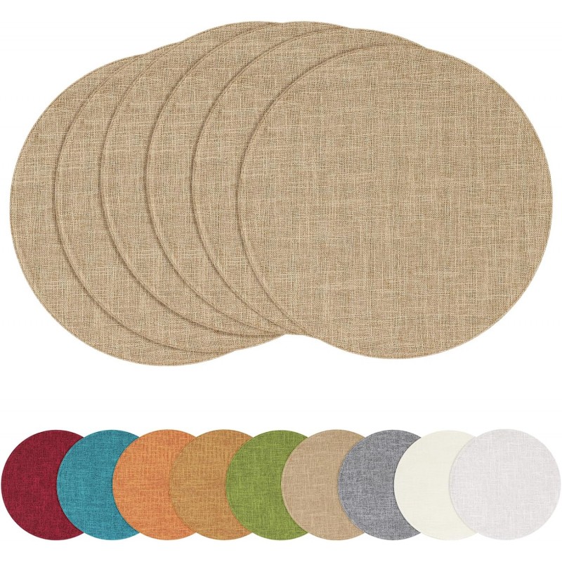 homing 15 Inch Round Cloth Placemats Set of 6, Cotton Linen Blend Washable Table Mats, Farmhouse Dining Place Mats for Indoors & Outdoors, Easy to Clean, Linen