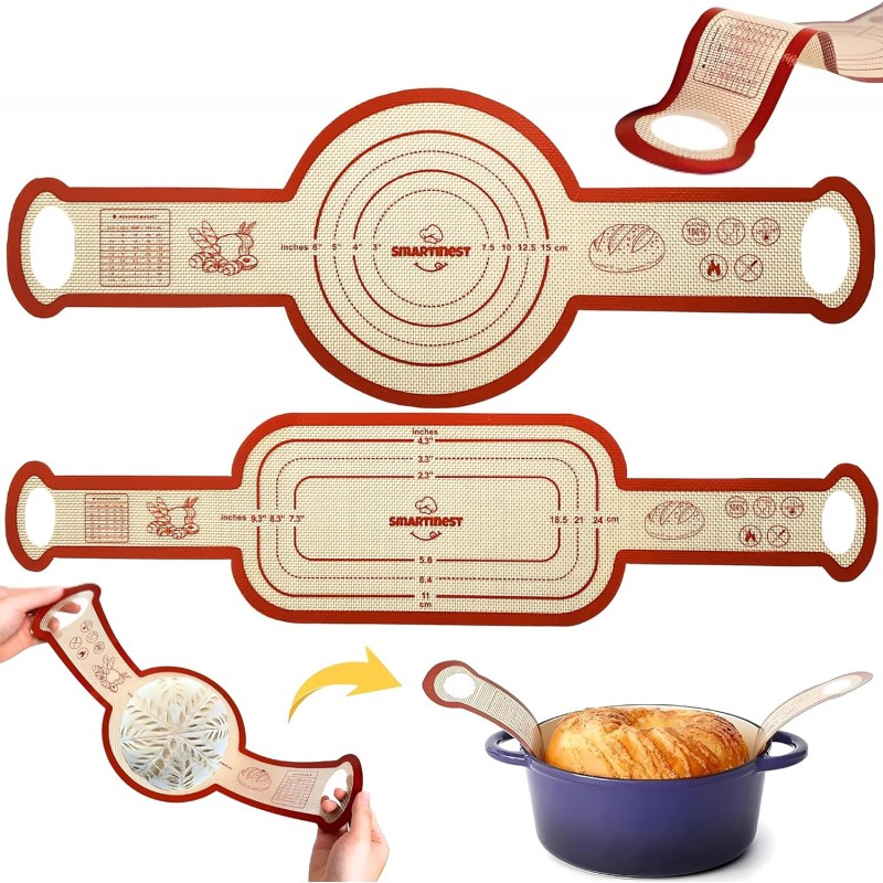 Sourdough Silicone Bread Sling for Dutch Oven, 2PCS Non-Stick Reusable Baking Mat with Long Handles, Essentials Bread Making Supplies for Dough Transfer and Loaf Pan Lifter Liner, Set Of Oval & Round