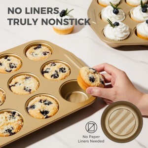 HONGBAKE 9-Piece Non Stick Baking Pans Set with Wave Texture for Reduced Oil, 0.8mm Thick Non Toxic Bakeware Sets, Includes Stackable Cookie Sheets for Oven Cooking, Cake Pan, Muffin Pan, Gold