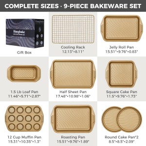 HONGBAKE 9-Piece Non Stick Baking Pans Set with Wave Texture for Reduced Oil, 0.8mm Thick Non Toxic Bakeware Sets, Includes Stackable Cookie Sheets for Oven Cooking, Cake Pan, Muffin Pan, Gold