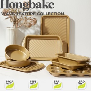 HONGBAKE 9-Piece Non Stick Baking Pans Set with Wave Texture for Reduced Oil, 0.8mm Thick Non Toxic Bakeware Sets, Includes Stackable Cookie Sheets for Oven Cooking, Cake Pan, Muffin Pan, Gold