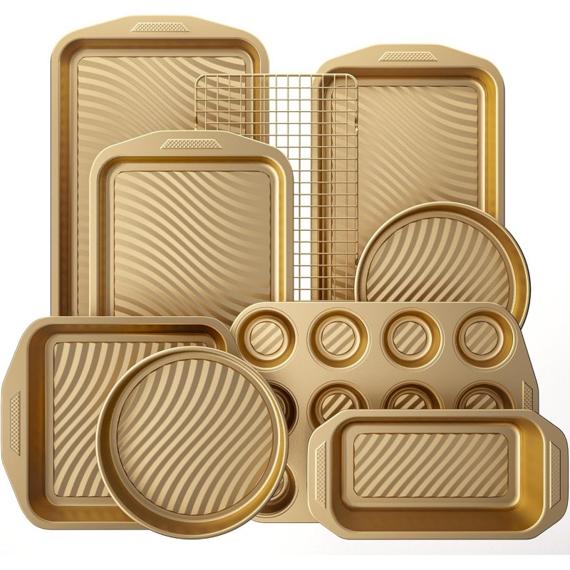 HONGBAKE 9-Piece Non Stick Baking Pans Set with Wave Texture for Reduced Oil, 0.8mm Thick Non Toxic Bakeware Sets, Includes Stackable Cookie Sheets for Oven Cooking, Cake Pan, Muffin Pan, Gold