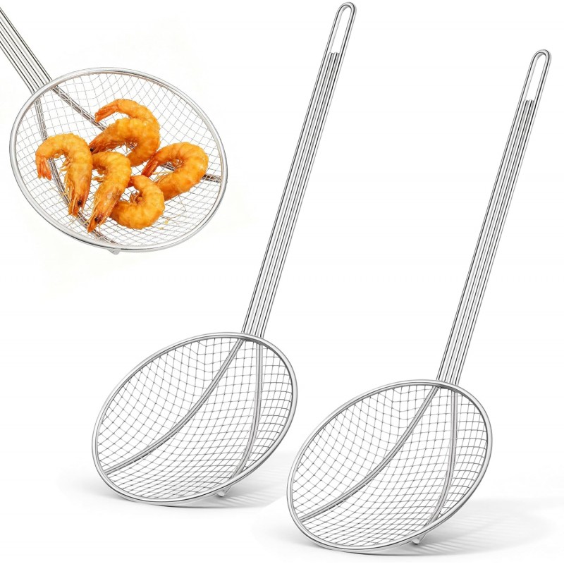 2 Pack 18-Inch Wire Skimmer Nickel Plated Wire Mesh Strainer with Long Handle Round Frying Spoon Cooking Oil Strainer for Kitchen Fried Food