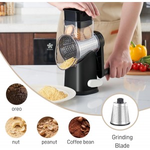 Rotary Cheese Graters with 4 Blades, Hand Crank Cheese Grater with Waffle Slicer, Black and White Cheese Shredder with Suction Base, Easier for Shredding & Grating (Black, 4 Graters)