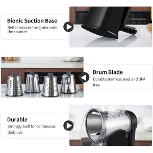 Rotary Cheese Graters with 4 Blades, Hand Crank Cheese Grater with Waffle Slicer, Black and White Cheese Shredder with Suction Base, Easier for Shredding & Grating (Black, 4 Graters)