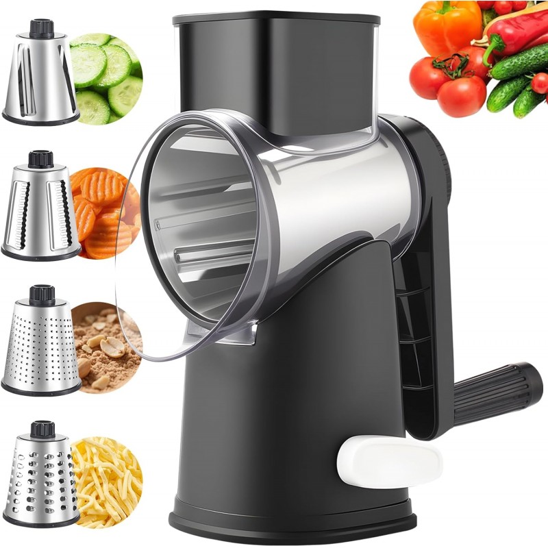 Rotary Cheese Graters with 4 Blades, Hand Crank Cheese Grater with Waffle Slicer, Black and White Cheese Shredder with Suction Base, Easier for Shredding & Grating (Black, 4 Graters)