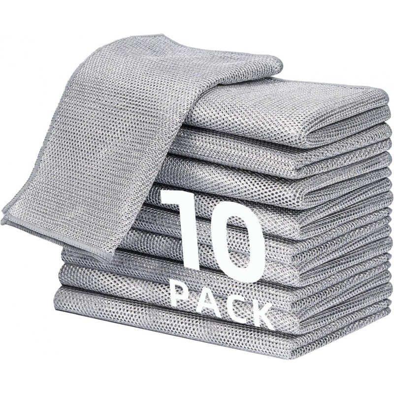 10 Pack Extra Large Non Scratch Wire Dishcloths, 30x30cm Double-Layer Silver Thread Kitchen Cleaning Rags, Dual-Sided Wet & Dry Reusable Steel Wire Dish Cloths for Cookware, Sinks, Stovetops