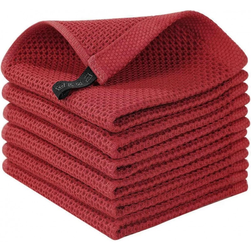 Cotton Dish Cloths 6 Pack,12x12 Inch – Super Absorbent, Quick-Dry & Reusable Kitchen Cleaning Cloths, Lint-Free Washable Towels for Dishes, Glass & Household Use(Red)