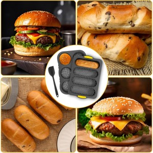 3 Pcs Silicone Baguette Pan and Hamburger Bun Pan Set, Non-stick French Bread Baking Mold, 4 Wave French Bread Baking Tray, 6 Cup Hamburger Bun Mold with Scraper