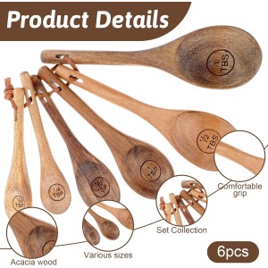 6pcs Wooden Measuring Spoons and Scoops Set Natural Acacia Wooden Measuring Spoons Measurings Tablespoons for Measurings Dry Ingredients(1/8 tsp+1/4 tsp+1/2 tsp+1 tsp+1/2 tbsp+1 tbsp)
