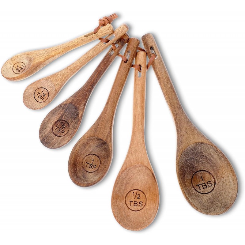 6pcs Wooden Measuring Spoons and Scoops Set Natural Acacia Wooden Measuring Spoons Measurings Tablespoons for Measurings Dry Ingredients(1/8 tsp+1/4 tsp+1/2 tsp+1 tsp+1/2 tbsp+1 tbsp)