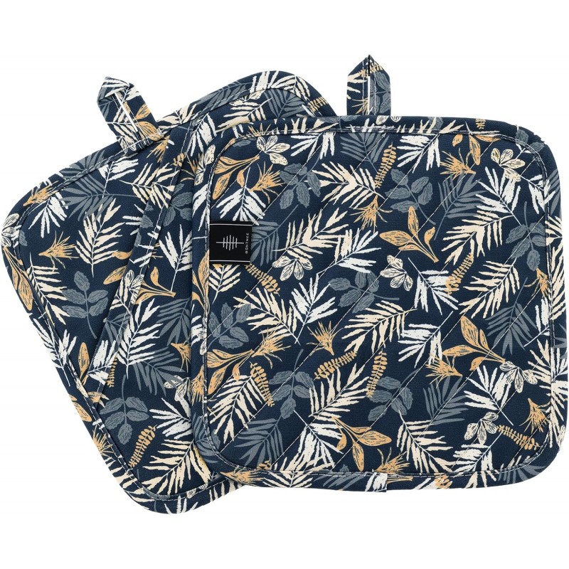 Pot Holders for Kitchen Heat Resistant Hot Pads for Countertops Oven Pot Holders Cotton Potholders for Kitchen Cooking Baking (Blue Leaves)