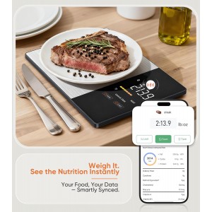 Smart Nutrition Food Scale with LED Display, Tracks Calories, Fat, Carbs & Protein via App, 1g Precision Digital Kitchen Scale for Healthy Eating & Meal Prep