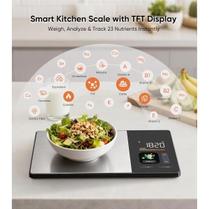Smart Nutrition Food Scale with TFT Display, Tracks Calories, Fat, Carbs & Protein, Works with App for Daily Reports, 50 Built-in Foods, 23 Nutrients, Digital Kitchen Scale for Meal Prep